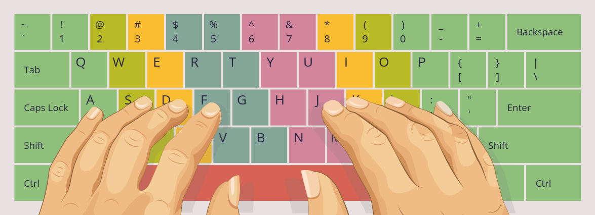 Зоны слепой десятипальцевой печати для классической клавиатуры